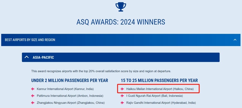 海口美兰机场荣获ASQ“2024年度亚太区最佳机场”大奖(图1)